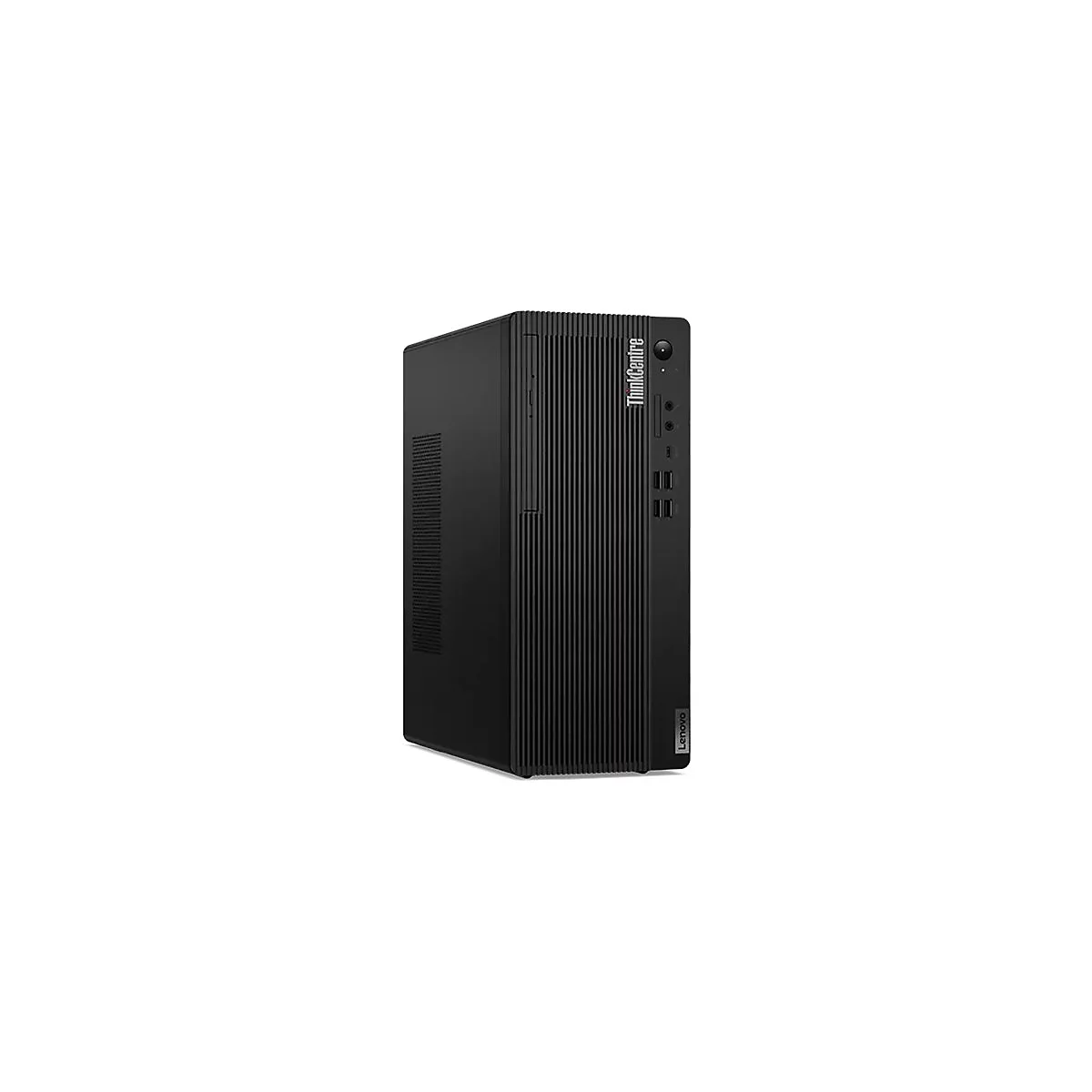 Schwarzer ThinkCentre-Desktop-PC, vertikal stehend, mit Lenovo-Logo. Vertikale Rillen auf der Vorderseite.