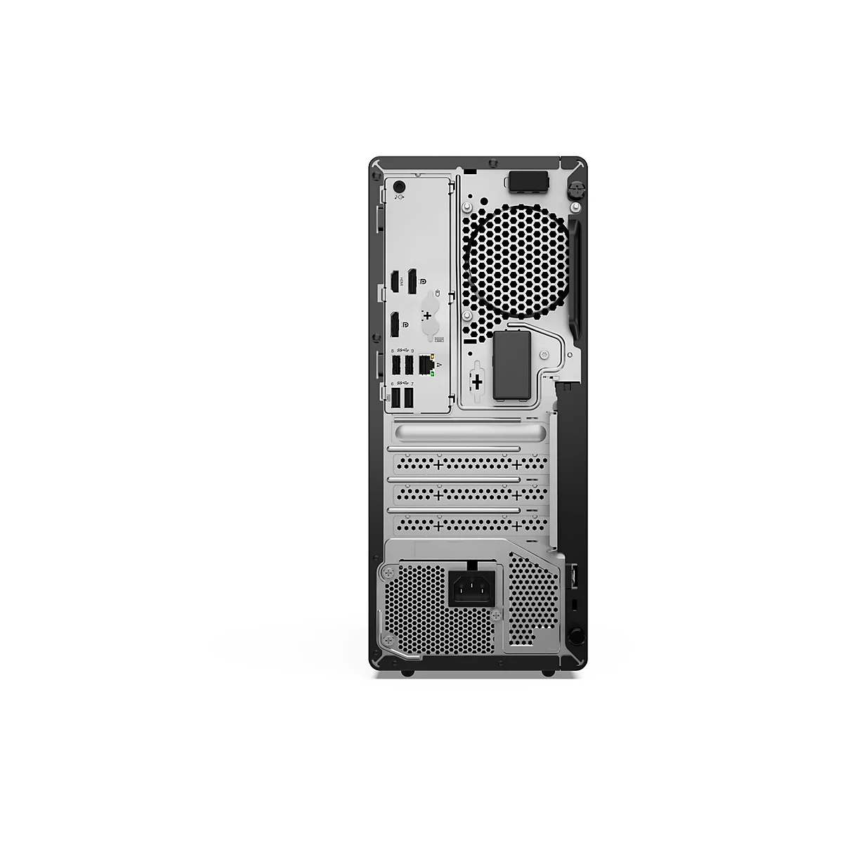 Rückseite eines schwarzen Desktop-Computers mit Anschlüssen, Lüftungsschlitzen und Stromanschluss.