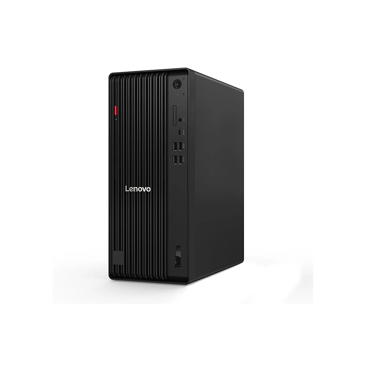 Schwarzer Lenovo ThinkCentre-Desktop-PC, Frontansicht, weißer Hintergrund. Oberhalb des Lenovo-Logos befinden sich Anschlüsse.