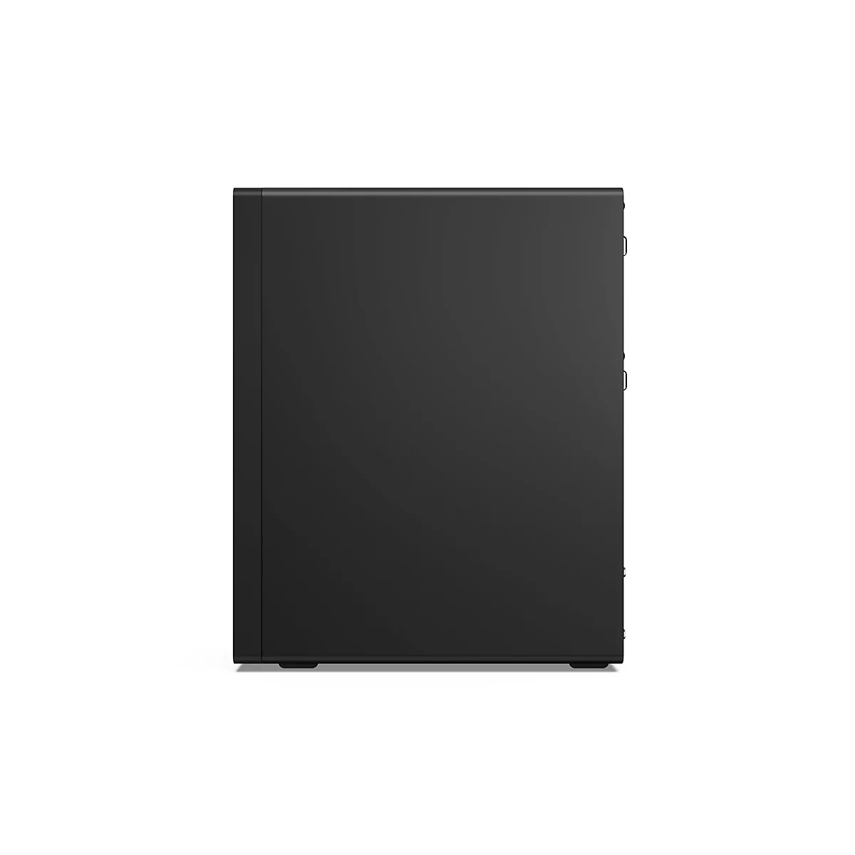 Ein schwarzer Computer, seitlich vor weißem Hintergrund.