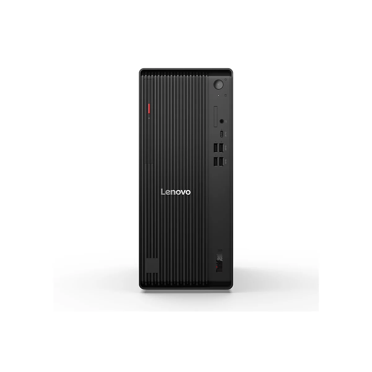 Ein schwarzer Lenovo ThinkCentre Desktop-Computer. Der Computer hat eine geriffelte Frontplatte mit einem roten Akzent und das Lenovo-Logo.