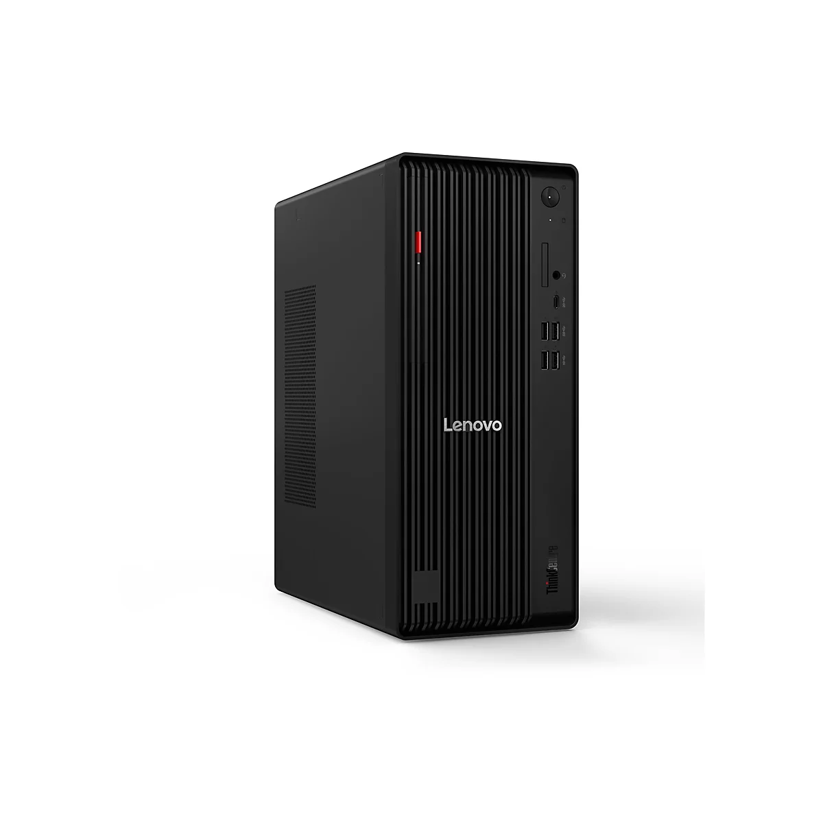 Schwarzer Lenovo ThinkCentre Computer, stehend vor weißem Hintergrund. Mit Logo, Anschlüssen und Lüftungsschlitzen.