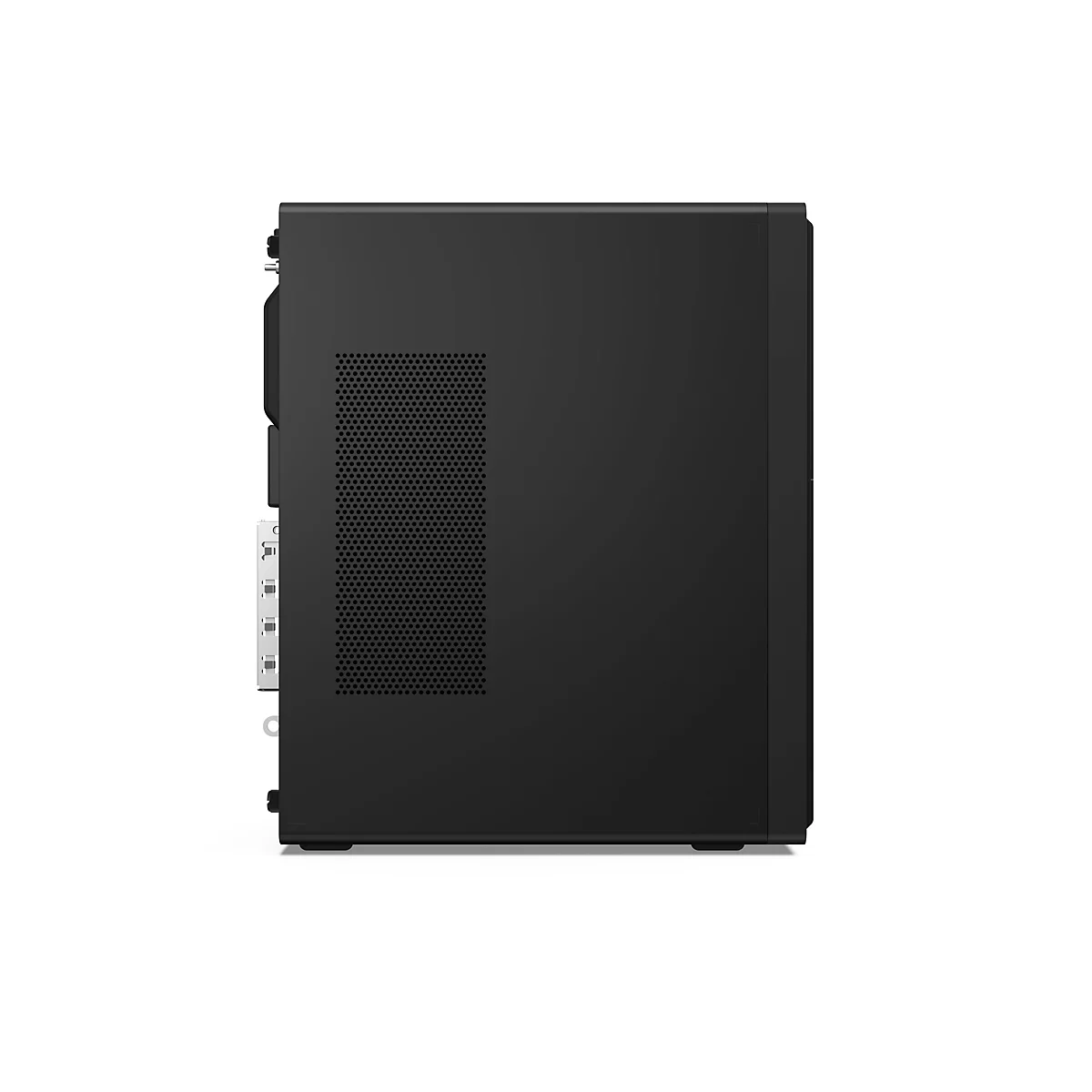 Ein schwarzer Desktop-Computer steht im Profil vor weißem Hintergrund. Sichtbar sind die Seite, das Lochmuster und Anschlüsse.