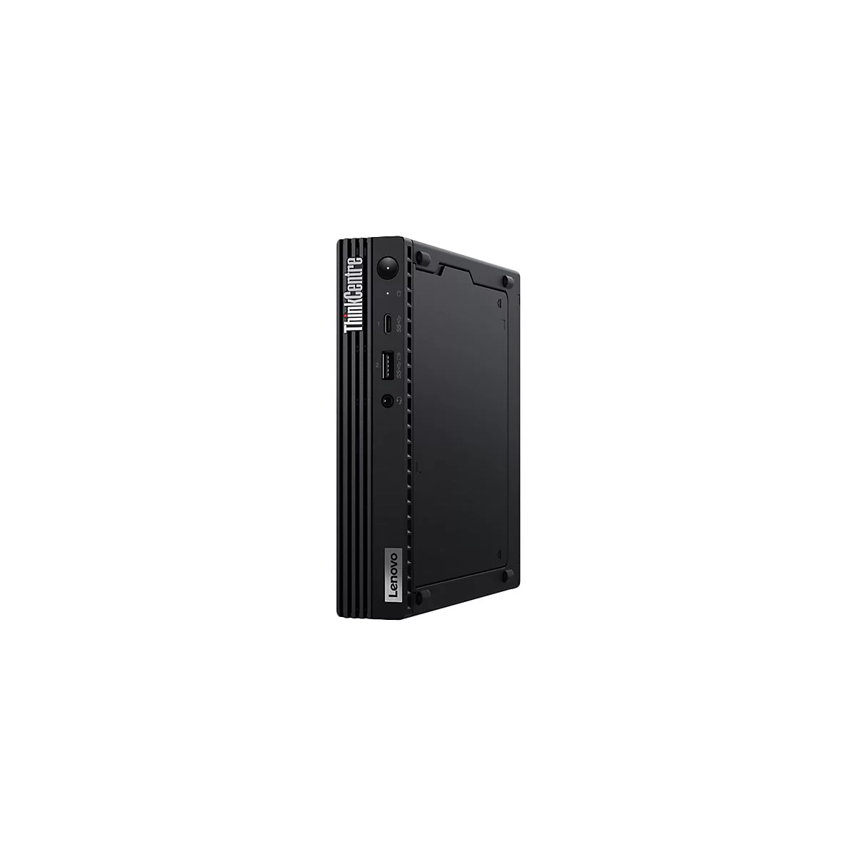 Ein schwarzer Lenovo ThinkCentre Mini-PC, leicht schräg vor weißem Hintergrund. Oben steht ThinkCentre und unten Lenovo.