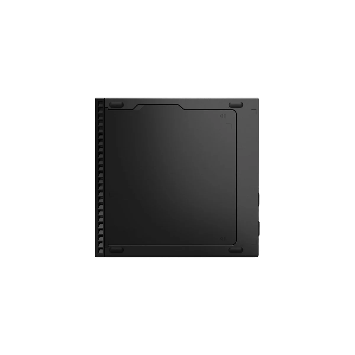 Schwarzer Computer von oben, auf weißem Hintergrund. Kühlerrippen und Pfeile sind sichtbar.