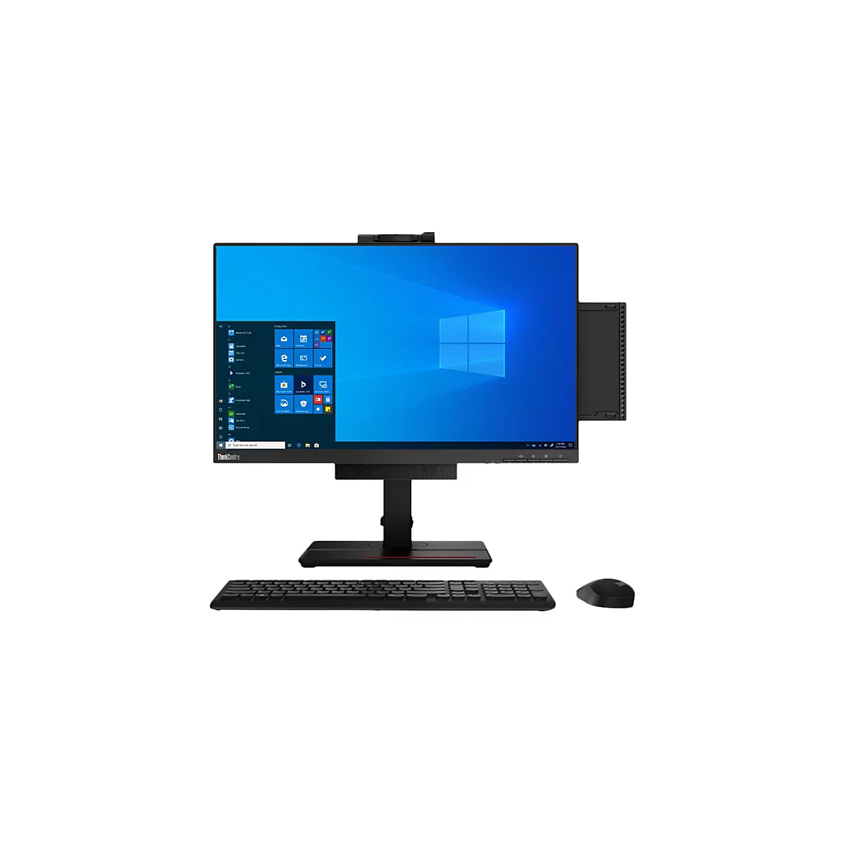 Ein ThinkCentre All-in-One-PC mit Bildschirm, Tastatur, Maus und Webcam.