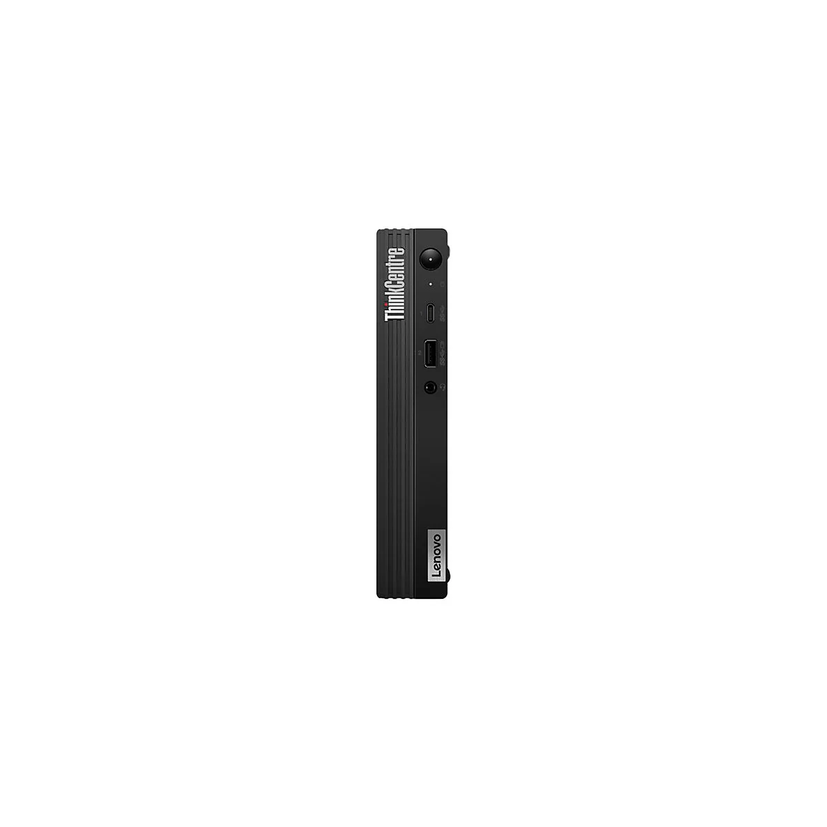 Schwarzer Lenovo ThinkCentre Mini-PC von der Seite, mit Anschlüssen und Logo.