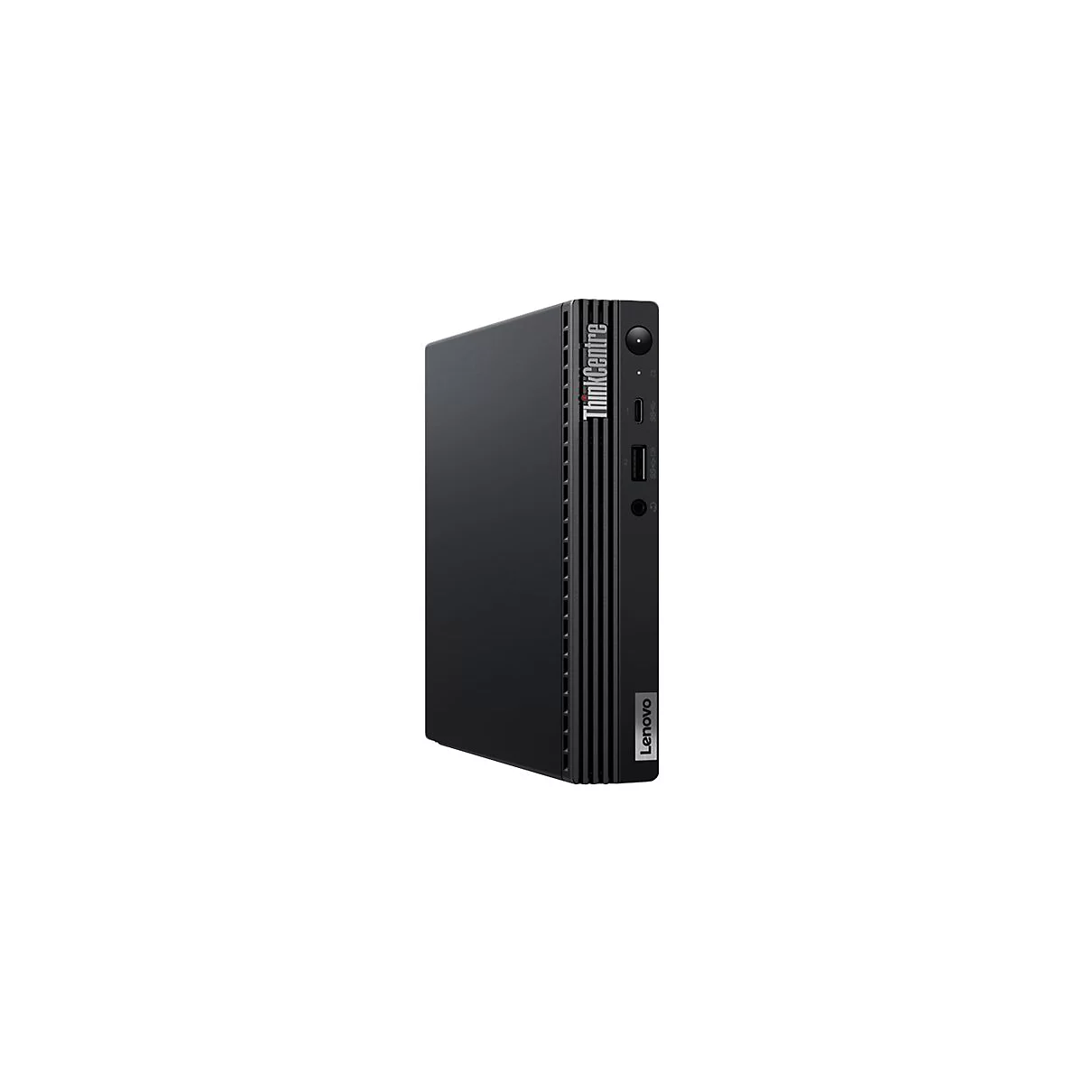 Schwarzer Lenovo ThinkCentre Mini-PC, der aufrecht steht.