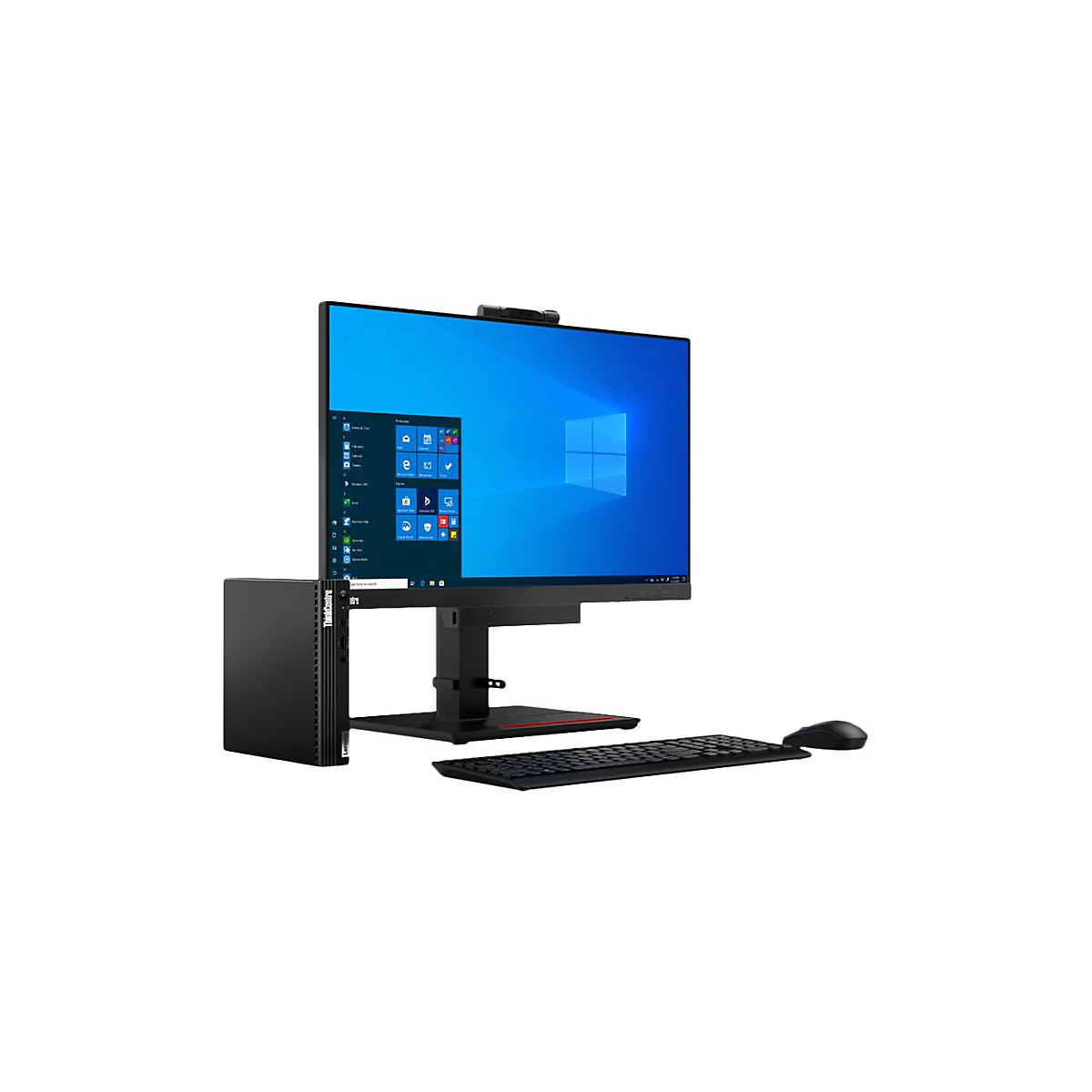 Ein schwarzer Lenovo ThinkCentre PC mit Monitor, Tastatur und Maus. Der Monitor zeigt das Windows-Startmenü.