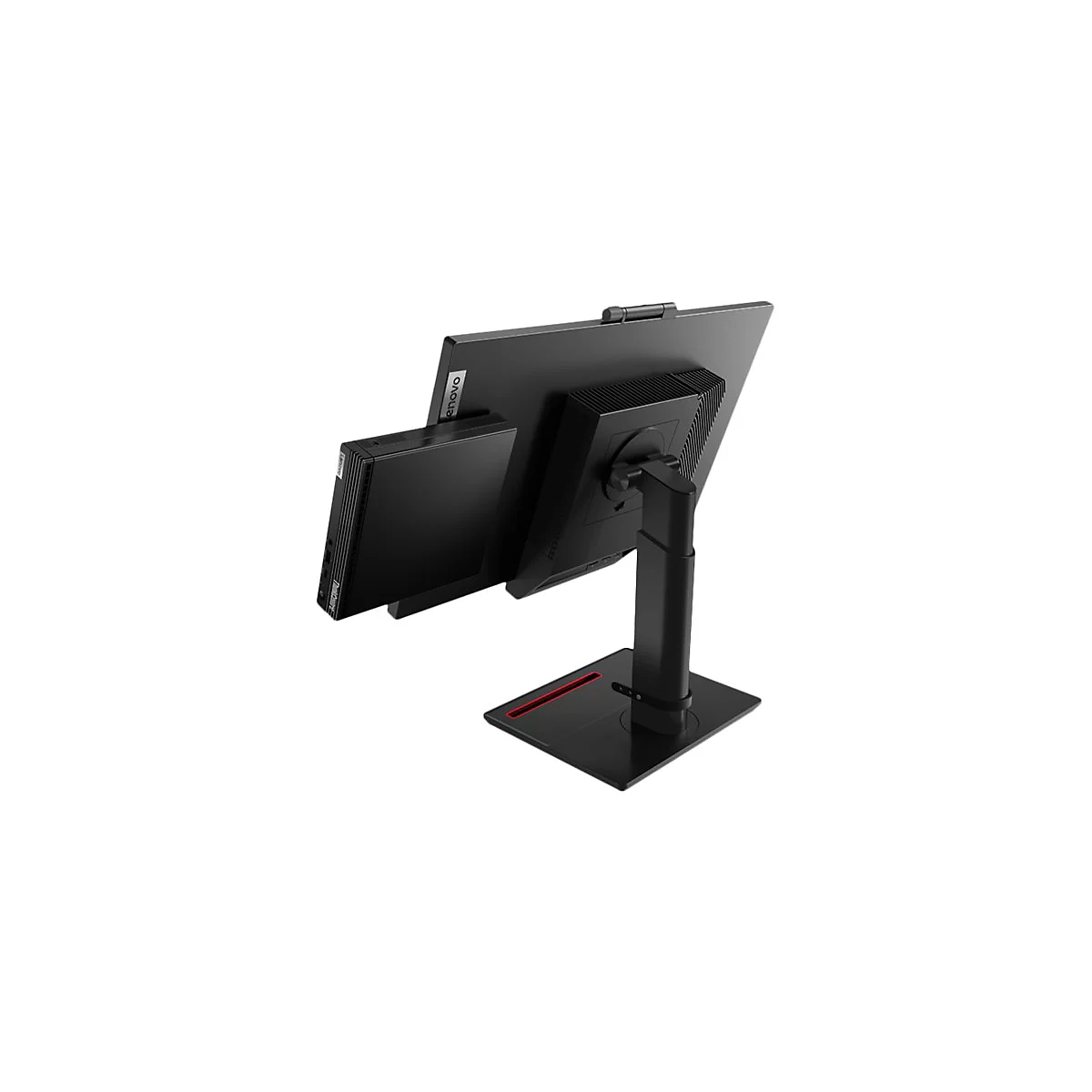 Schwarzer Monitor mit integriertem Mini-PC, ThinkCentre-Logo. Schwarzer Standfuß mit roter Akzentlinie.