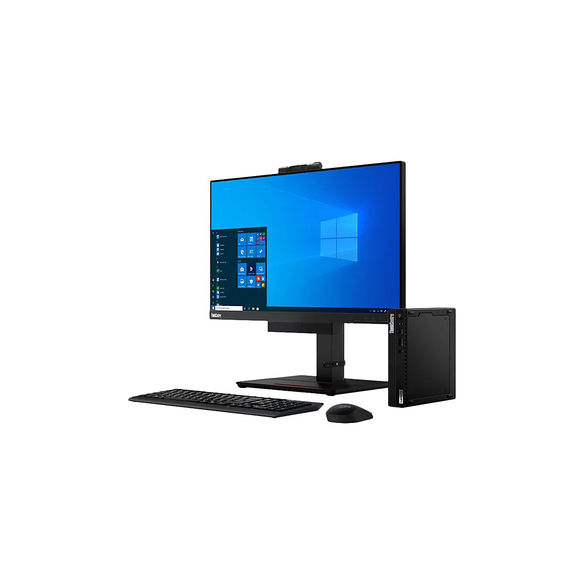 Kompletter schwarzer Desktop-PC vor weiÃŸem Hintergrund. Monitor, Tastatur, Maus und kleiner Tower sind zu sehen.