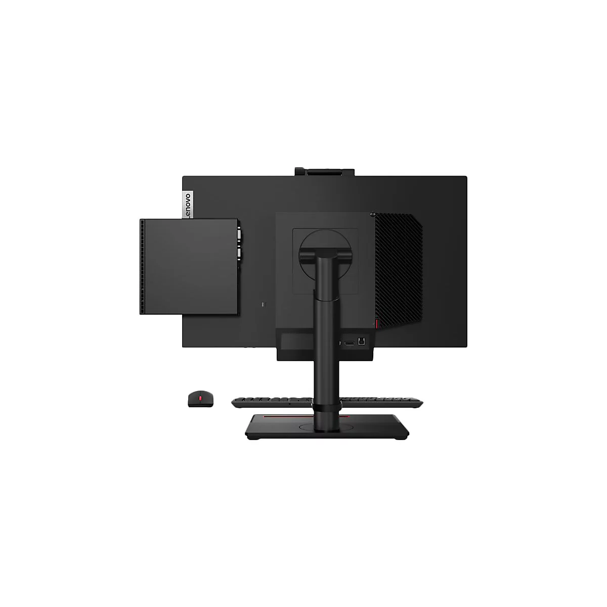 Rückseite eines schwarzen Lenovo-Computermonitors mit PC-Modul, Maus und Tastatur. Der Bildschirm ist an einem Ständer befestigt.