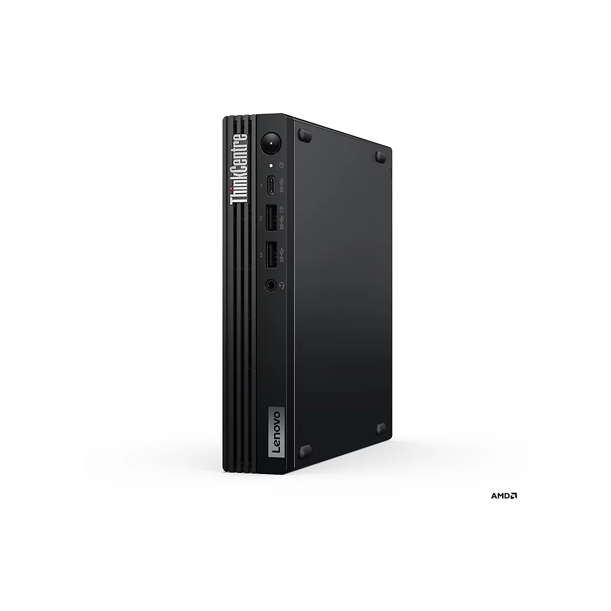 Schwarzer Lenovo ThinkCentre Mini-PC mit Anschlüssen und Lenovo-Logo, auf weißem Hintergrund.