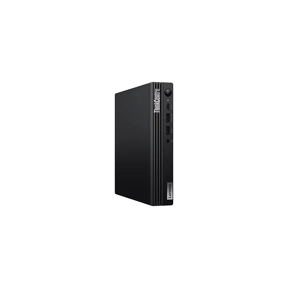 Schwarzer Lenovo ThinkCentre Mini-PC. Vertikales Gehäuse mit 'ThinkCentre' und 'Lenovo' Logos. Anschlüsse sichtbar.