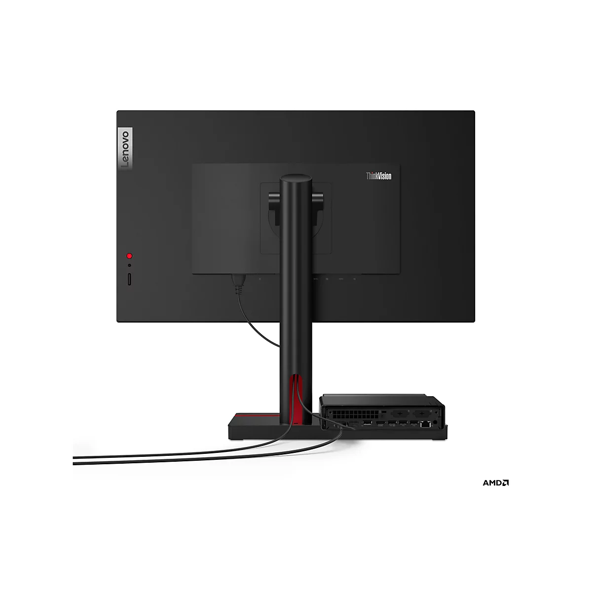Rückansicht eines schwarzen Lenovo ThinkVision Monitors mit einem schwarzen Mini-PC. Der Monitor hat das ThinkVision-Logo. Der Standfuß ist schwarz-rot.