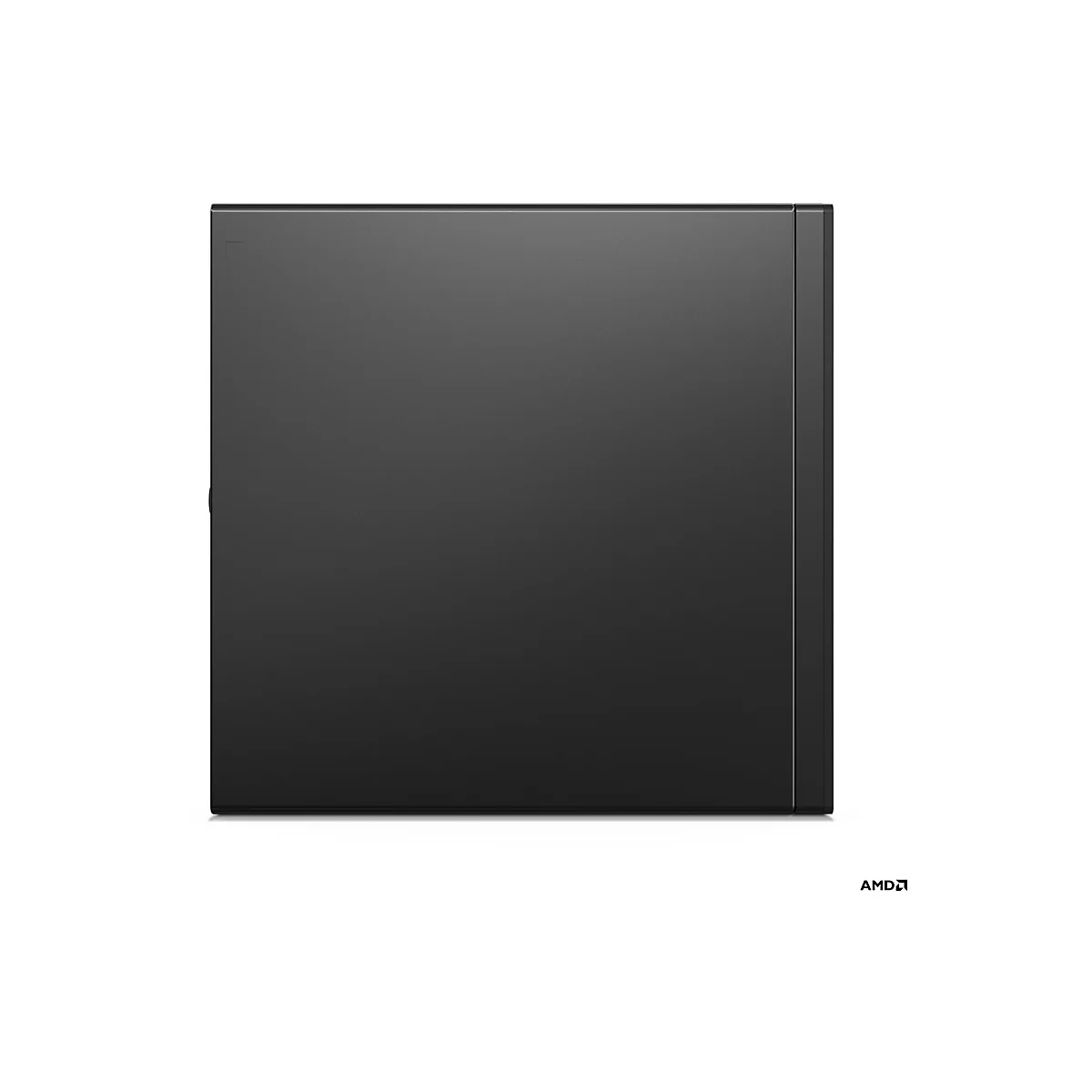 Schwarzer Desktop-PC von vorne, mit AMD-Logo rechts unten. Auf weißem Hintergrund.