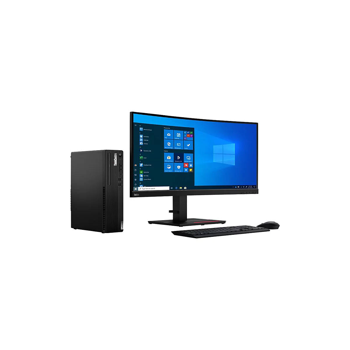 Schwarzer PC, Monitor, Tastatur und Maus. Auf dem Monitor ist die Windows-Oberfläche zu sehen.