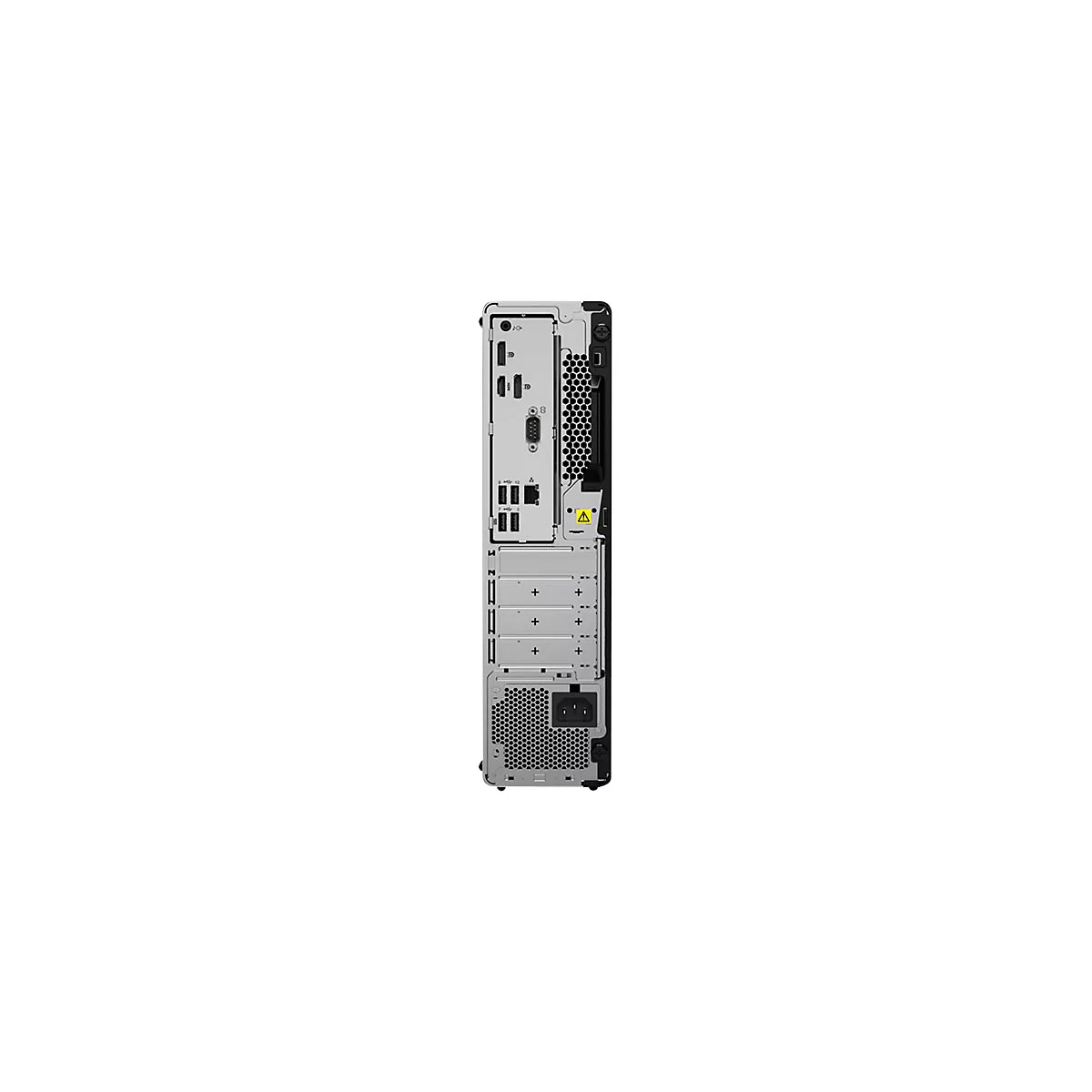 Rückseite eines schwarzen und grauen Desktop-Computers. Anschlüsse, Lüftungsschlitze und ein Netzanschluss sind zu sehen.
