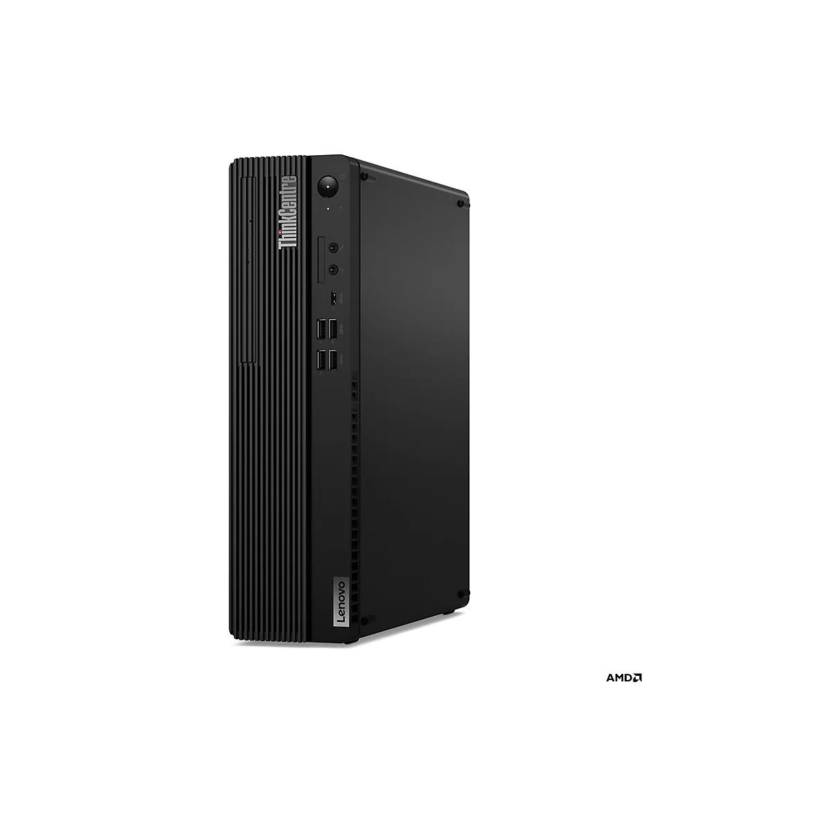 Schwarzer ThinkCentre Desktop-Computer. Die Vorderseite hat eine vertikale Struktur mit Anschlüssen, darunter ein Lenovo-Logo.