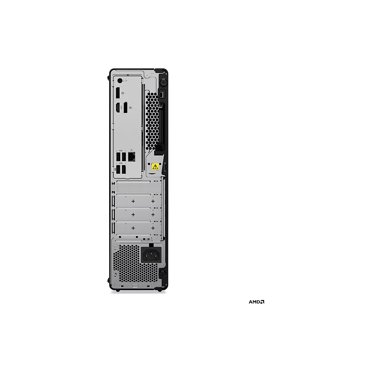 Rückseite eines schwarzen Tower-PCs mit Anschlüssen, darunter USB, HDMI und Ethernet. AMD-Logo.