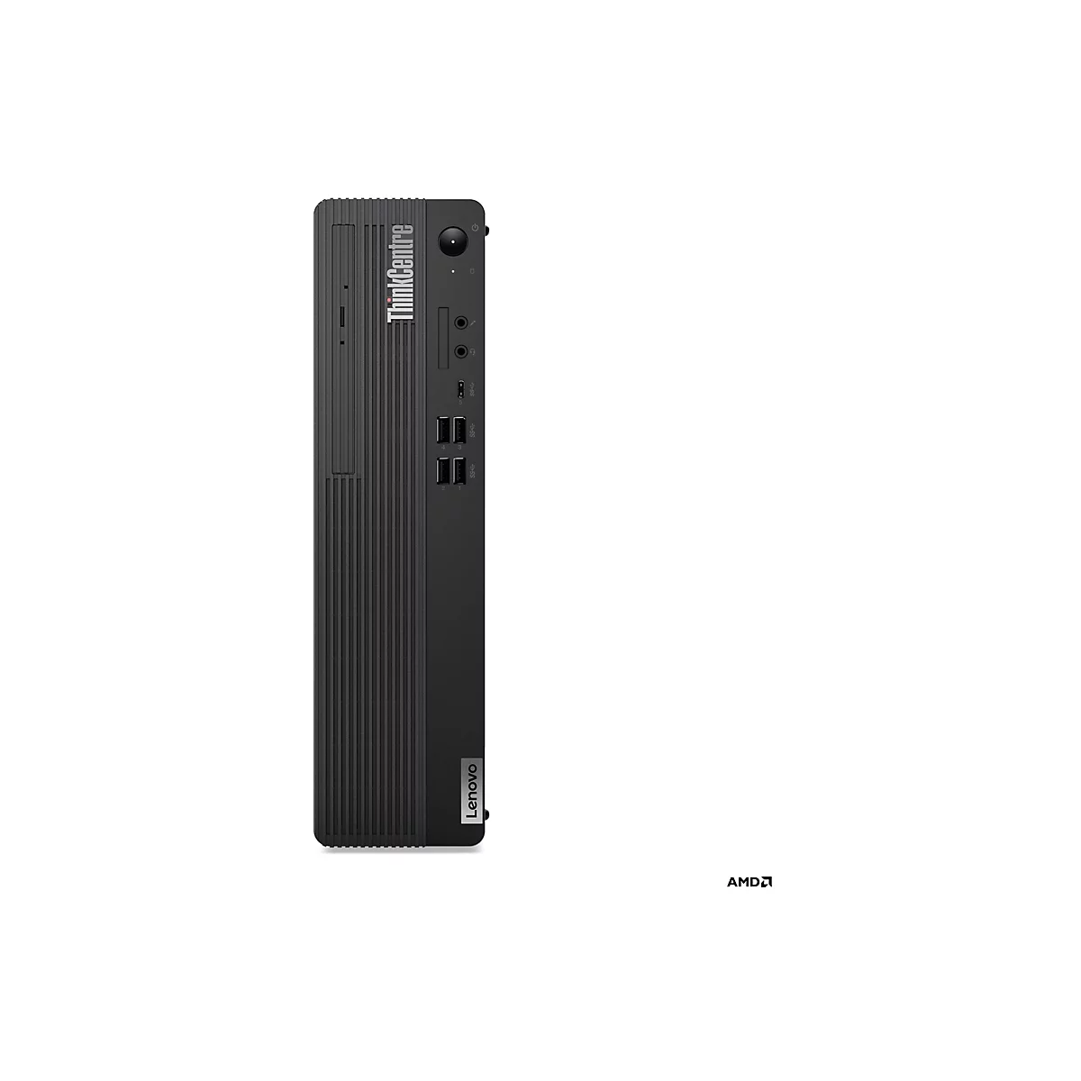 Schwarzer Lenovo ThinkCentre-PC, aufrecht stehend. Aufschrift "ThinkCentre" und "Lenovo".