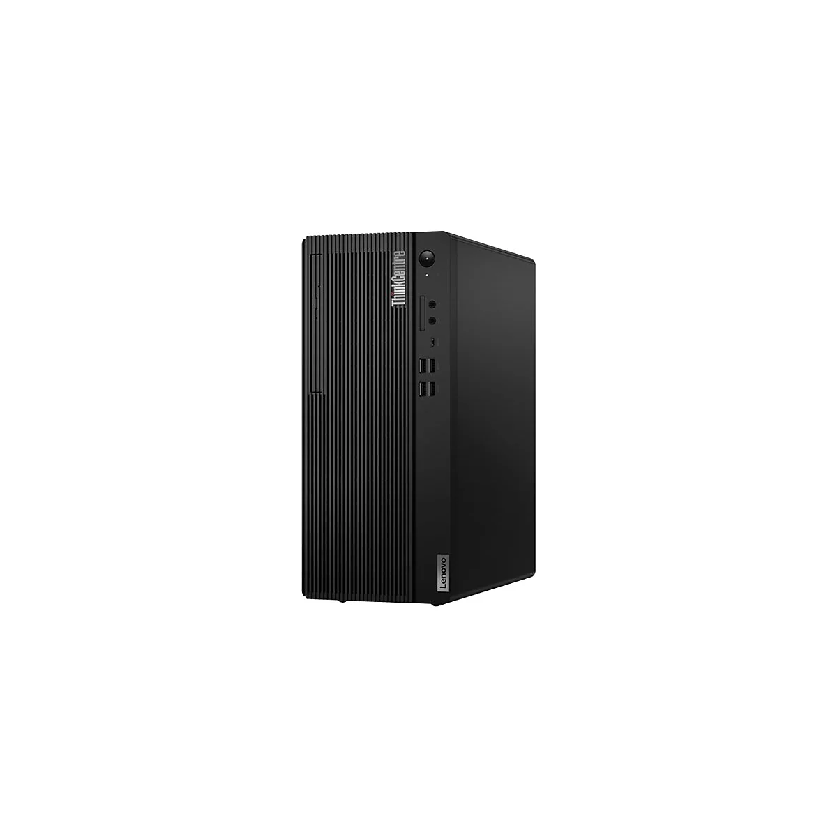 Schwarzer Lenovo ThinkCentre Tower PC, Frontansicht. Mit ThinkCentre und Lenovo Logo.