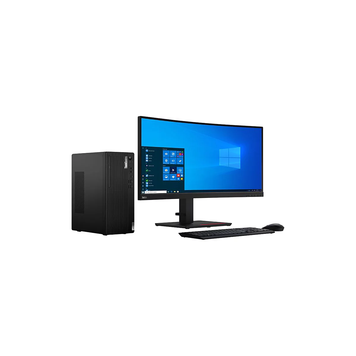 Ein schwarzer ThinkCentre-PC mit Monitor, Tastatur und Maus vor weißem Hintergrund.