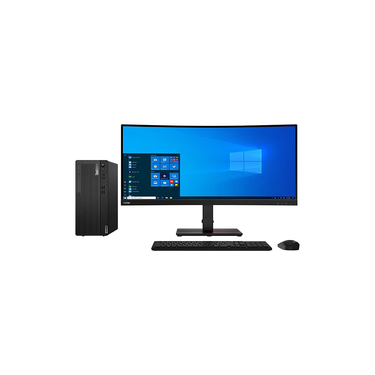 Ein Desktop-Computer mit Monitor, Tastatur und Maus. Der schwarze Monitor zeigt den Windows-Desktop. Alles vor weißem Hintergrund.
