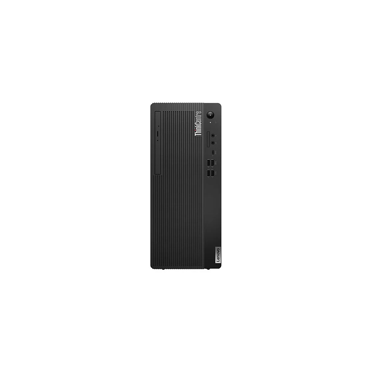 Ein schwarzer ThinkCentre-PC vor weißem Hintergrund. Auf der Vorderseite befinden sich das Lenovo-Logo und die Marke ThinkCentre.