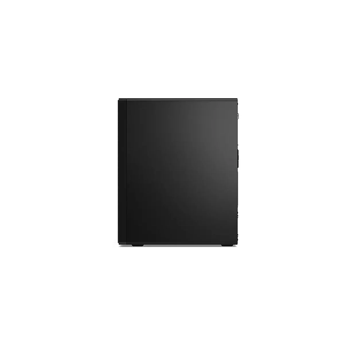 Ein schwarzer Desktop-Computer, der von der Seite betrachtet wird. Die Oberflache ist glatt und spiegelt etwas wider.