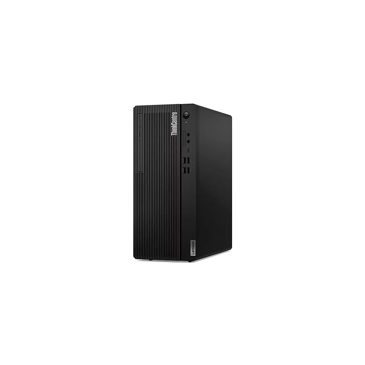 Ein schwarzer Lenovo ThinkCentre Desktop-PC steht vor weißem Hintergrund.