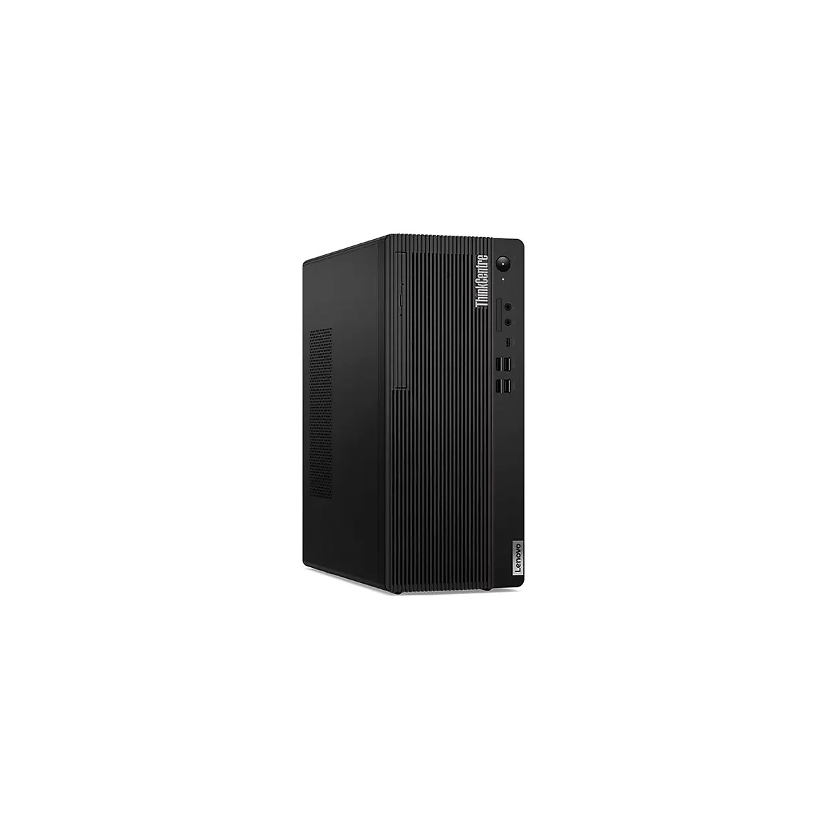 Schwarzer Lenovo ThinkCentre PC-Tower mit vertikalen Streifen auf der Vorderseite.