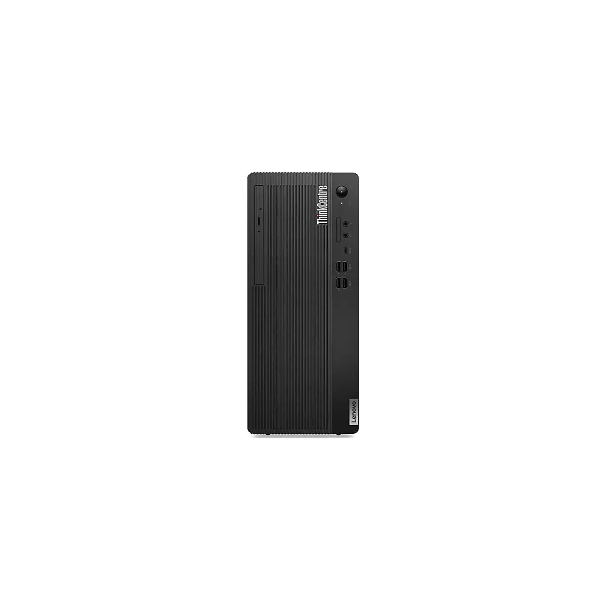 Schwarzer Lenovo ThinkCentre PC. Vertikale Rillen auf der Vorderseite, Anschlüsse und das Lenovo-Logo.