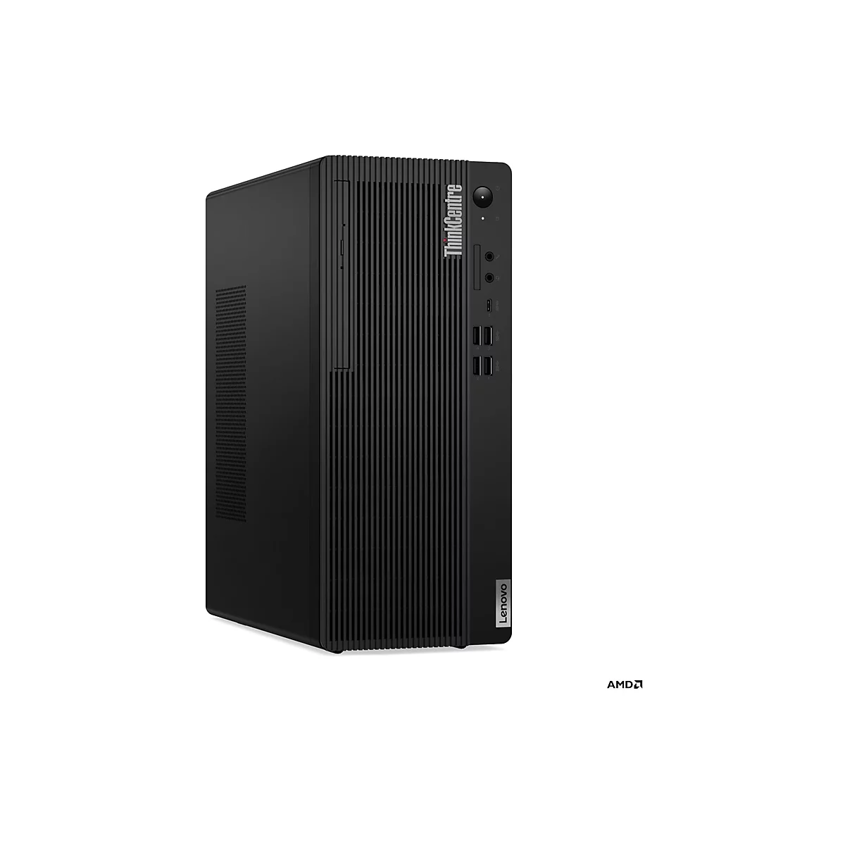 Ein schwarzer Lenovo ThinkCentre Desktop-PC. Das Gerät steht aufrecht, mit vertikalen Rillen auf der Vorderseite. Oben rechts befindet sich das ThinkCentre-Logo und Anschlüsse.