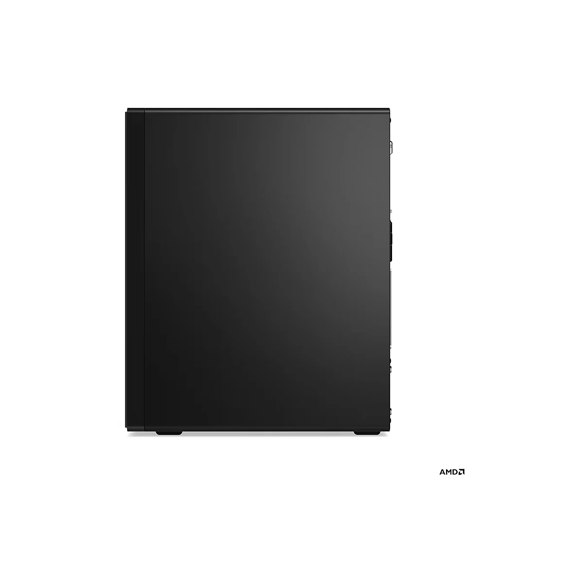 Ein schwarzer Desktop-Computer steht von der Seite vor weißem Hintergrund. AMD-Logo unten rechts.