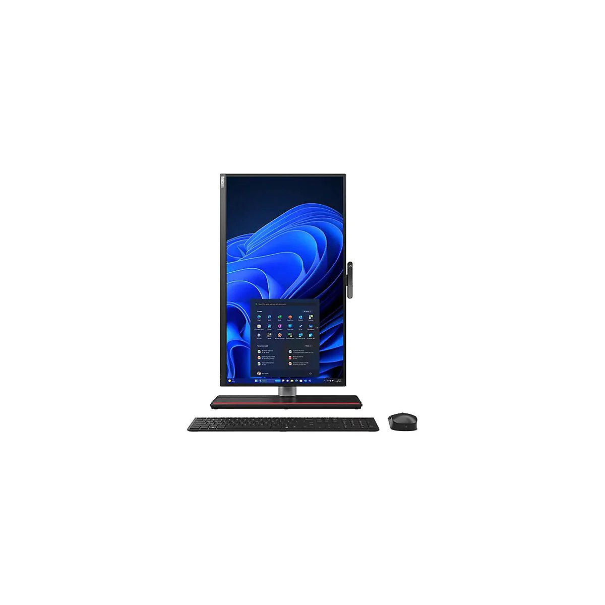 Ein All-in-One-Computer mit einem großen Bildschirm, der eine Windows-Oberfläche anzeigt, eine Tastatur, eine Maus, alles vor weißem Hintergrund.