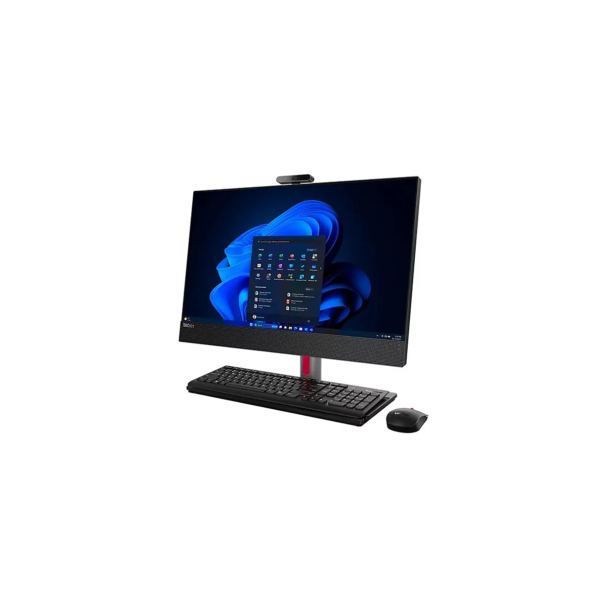 Lenovo ThinkCentre All-in-One-PC, schwarz. Auf dem Bildschirm: Windows-Desktop, Tastatur, Maus.