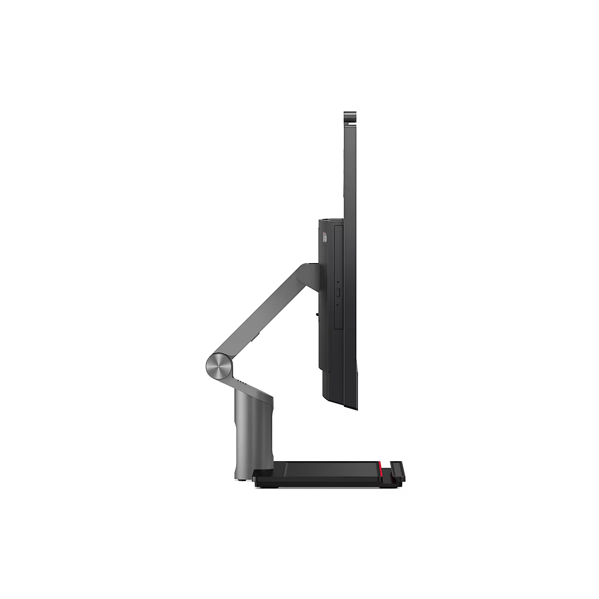 Ein Monitor von der Seite. Grauer StandfuÃŸ und Halterung. Schwarzer Bildschirm.