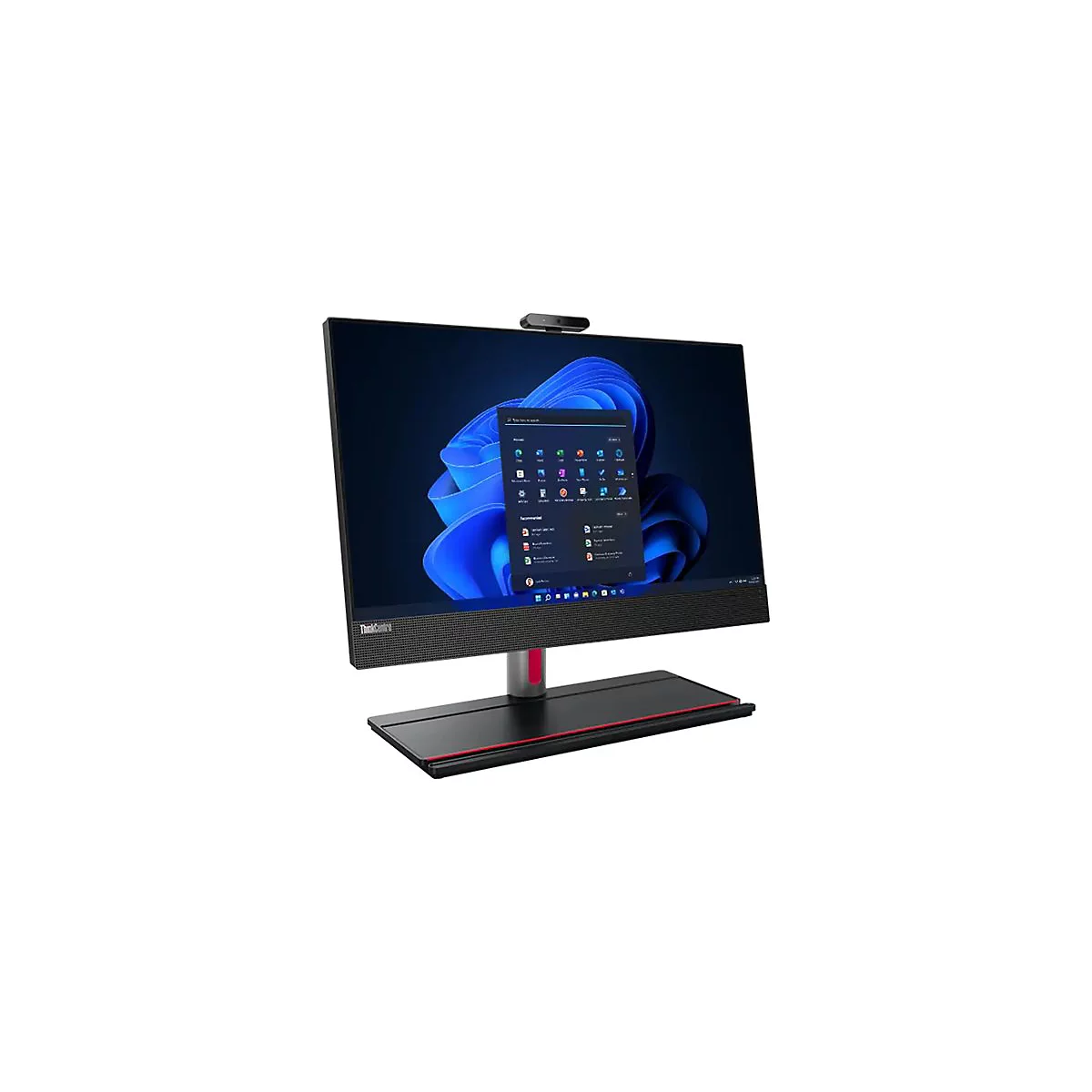 Ein Lenovo ThinkCentre All-in-One-Computer mit schwarzem Bildschirm und Standfuß.
