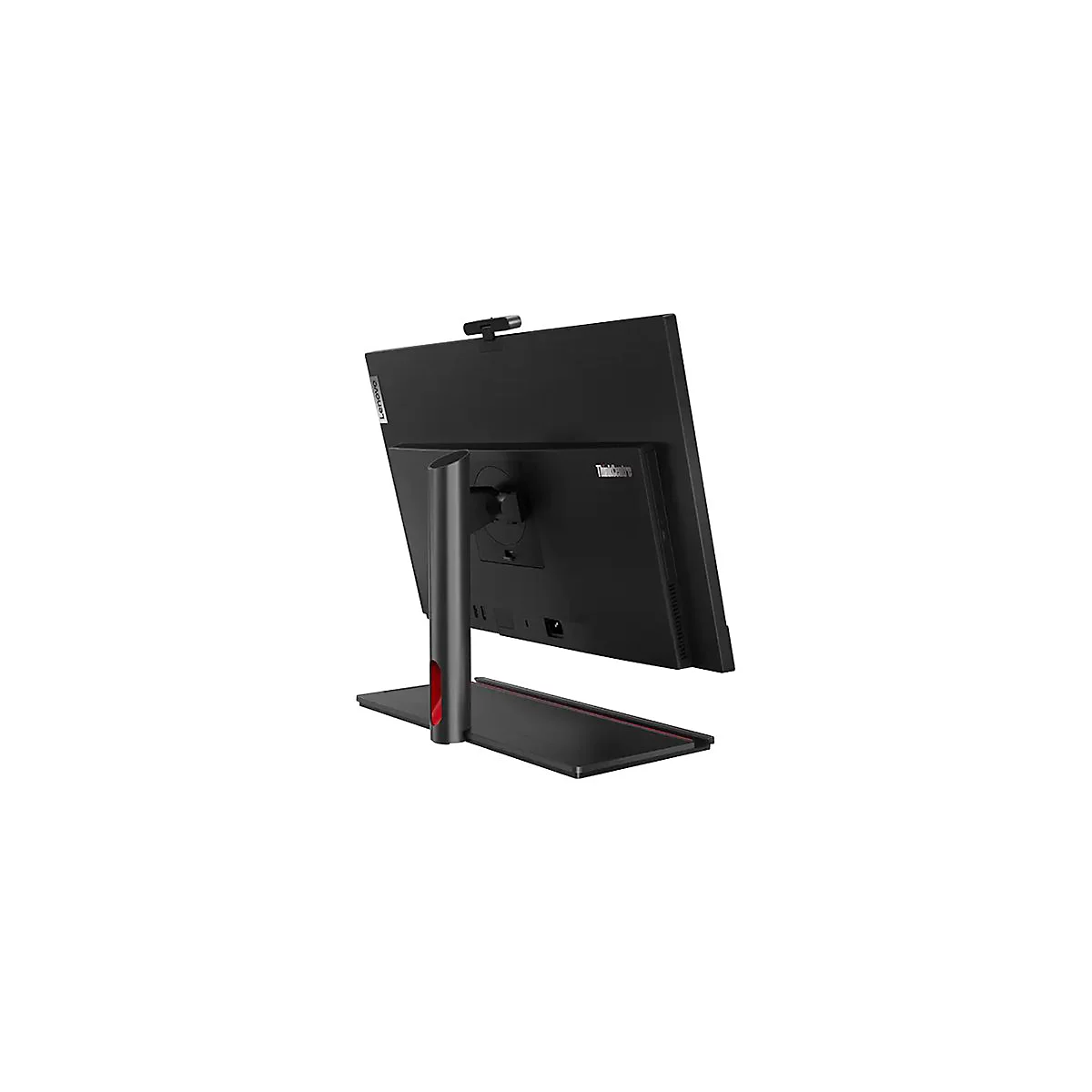 Schwarzer Lenovo ThinkCentre All-in-One-PC, Rückansicht, mit Webcam, rotem Akzent am Ständer.
