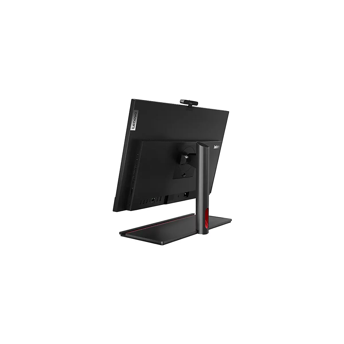 Schwarzer Lenovo-Monitor von hinten, mit Webcam und rotem Akzent am Standfuß.