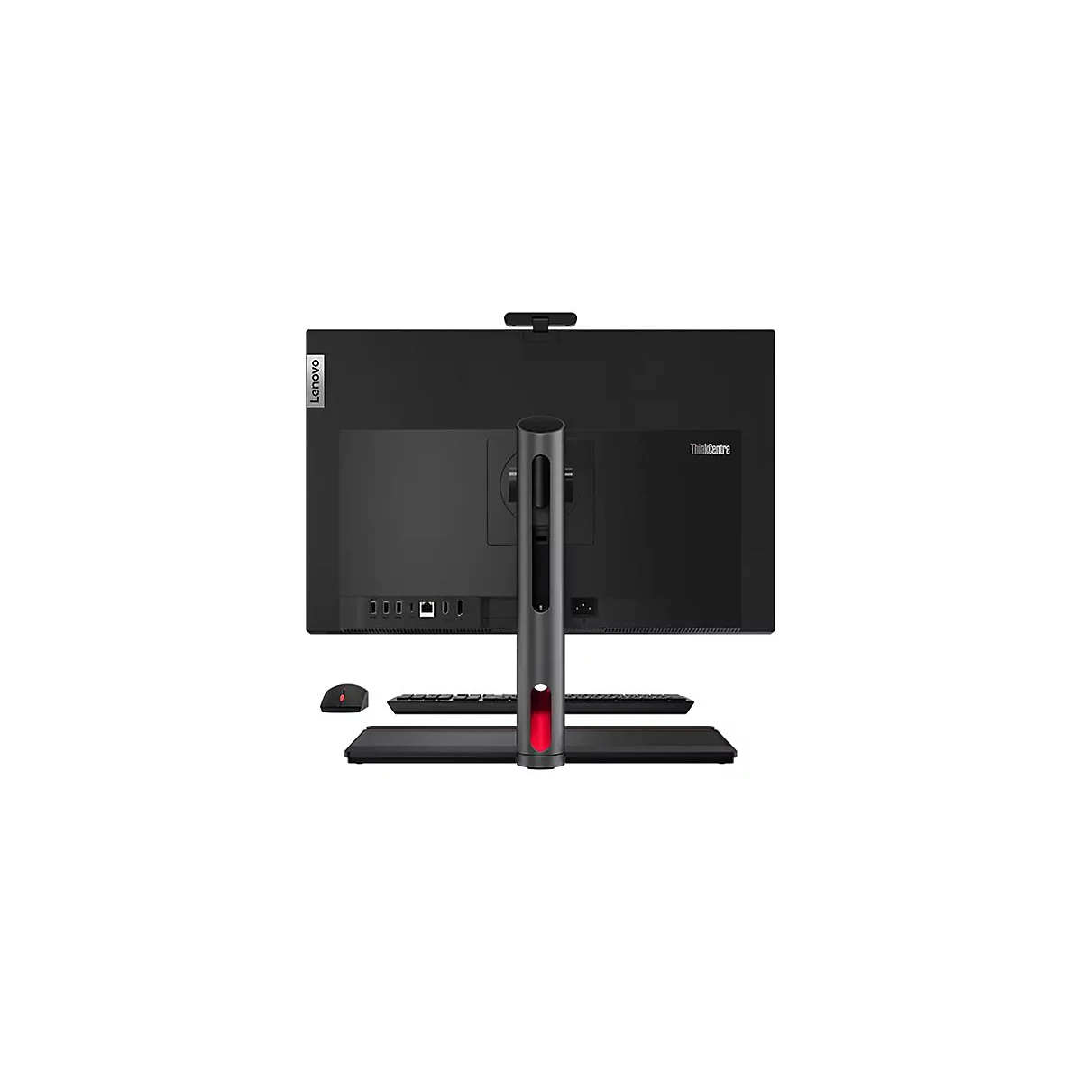 Rückansicht eines Lenovo ThinkCentre All-in-One-Computers mit roter Beleuchtung.