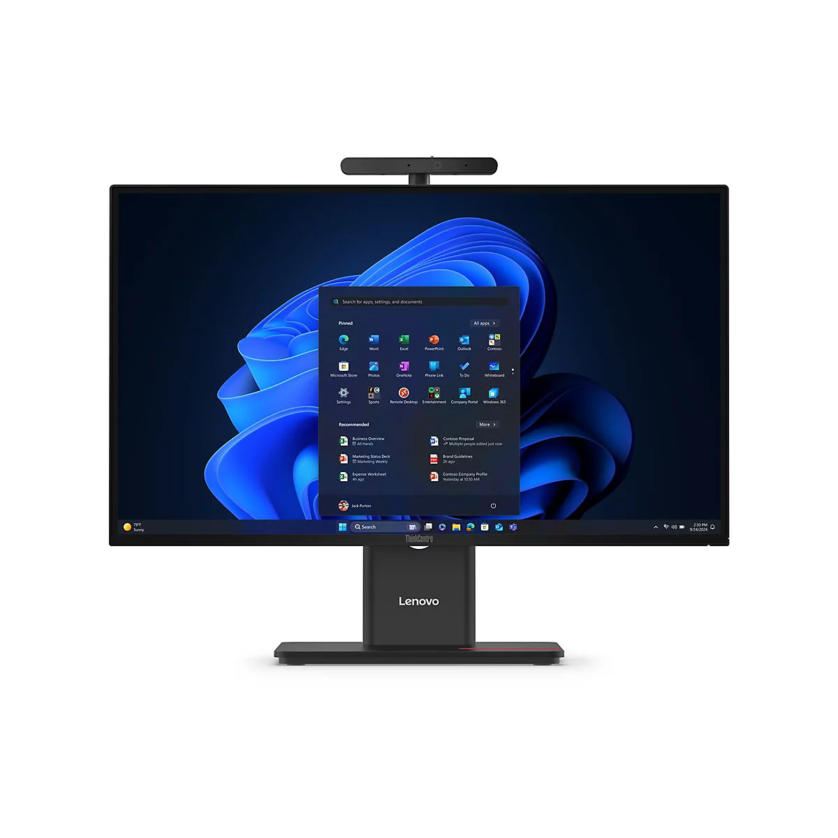 Ein Lenovo ThinkCentre All-in-One-Computer. Der Bildschirm zeigt das Windows 11 Startmenü, darüber eine Webcam.