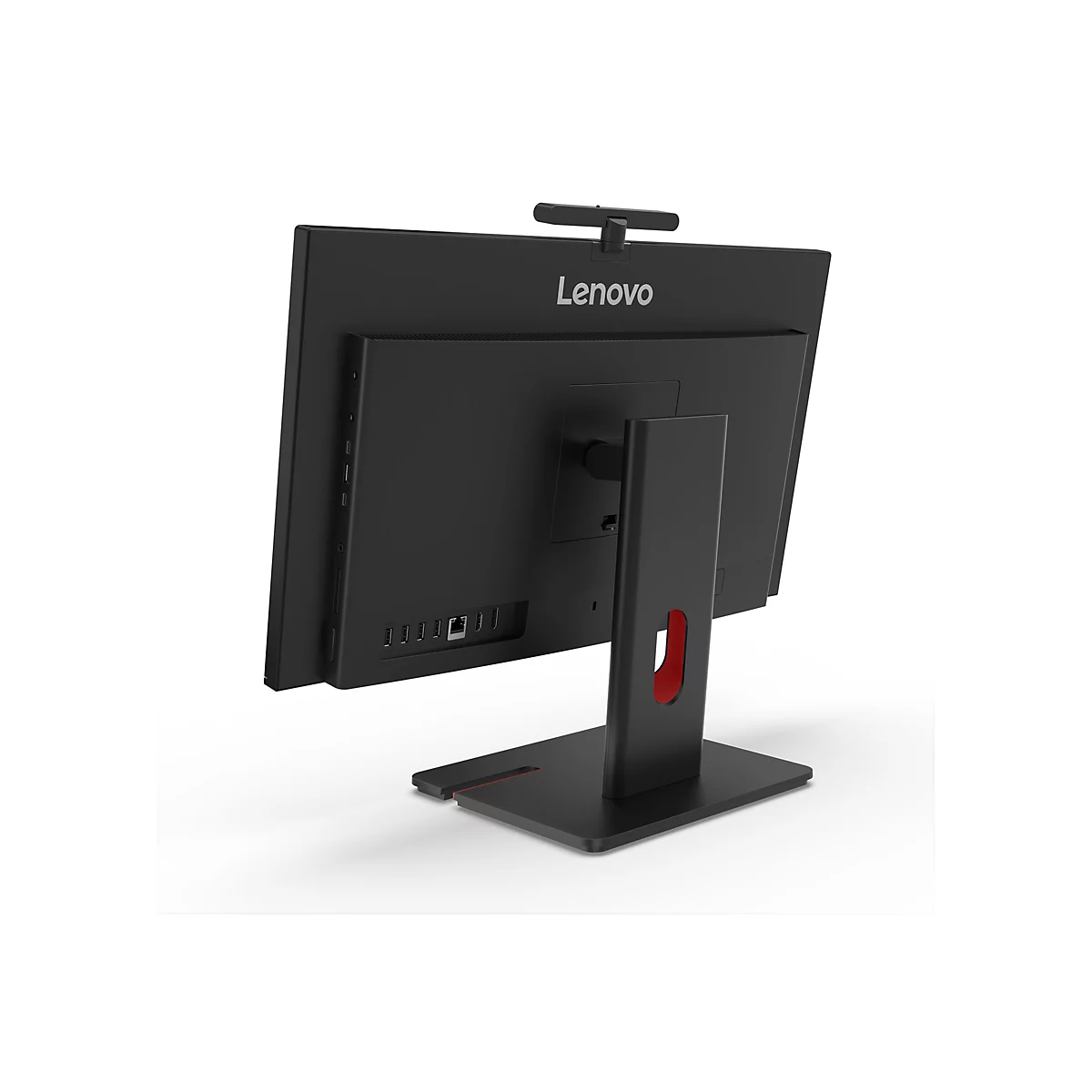 Schwarzer Lenovo All-in-One-Computer von hinten, mit Webcam, Anschlüssen und rotem Akzent im Ständer.