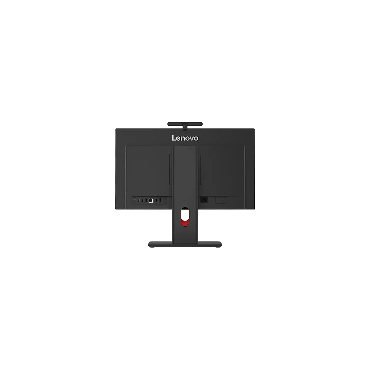 Rückseite eines schwarzen Lenovo All-in-One-Computers mit Anschlüssen, Ständer und Lenovo-Logo.