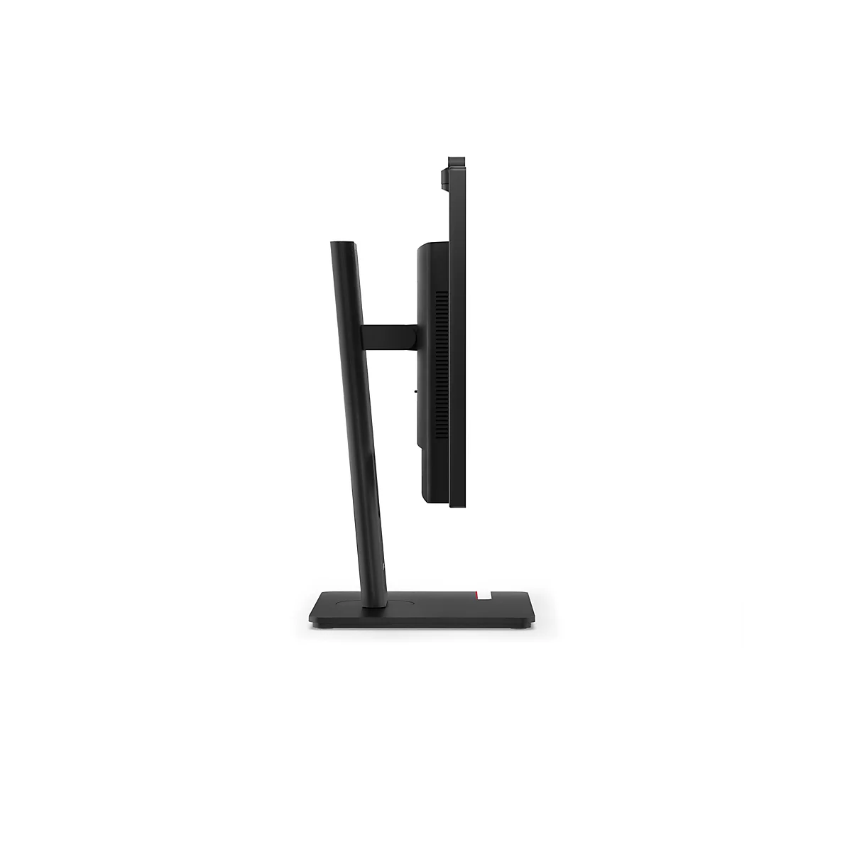 Schwarzer Monitor im Profil, mit Standfuß. Der Bildschirm steht aufrecht auf einer Tischplatte.