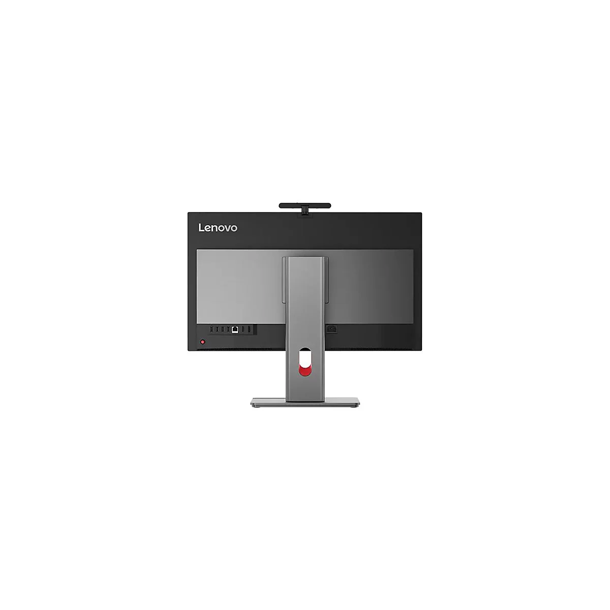 Rückseite eines schwarzen Lenovo All-in-One-Computers mit silbernem Ständer und roten Akzenten.
