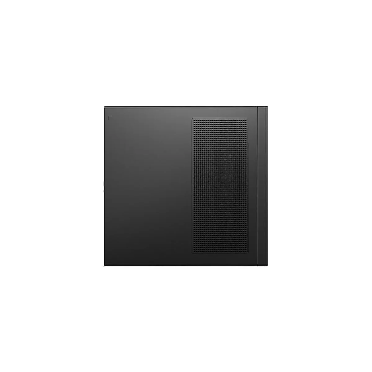 Schwarzer Computer-Tower mit LÃ¼ftungsloch. Vorderseite mit Lenovo-Logo.