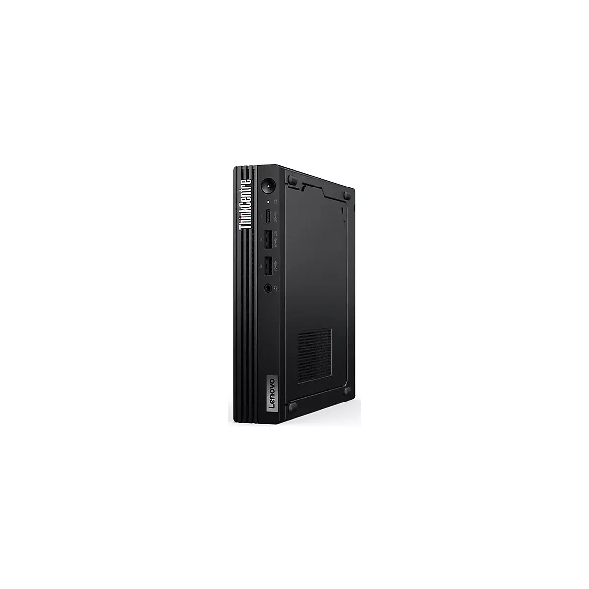 Schwarzer Lenovo ThinkCentre Computer. Seitlich auf weiÃŸem Hintergrund. Die Aufschrift ThinkCentre und Lenovo ist sichtbar.