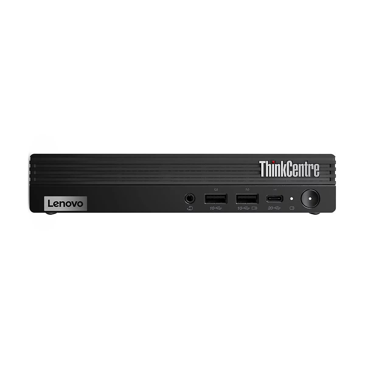 Schwarzer Lenovo ThinkCentre-Mini-PC mit AnschlÃ¼ssen und Logo. Auf weiÃŸem Hintergrund.